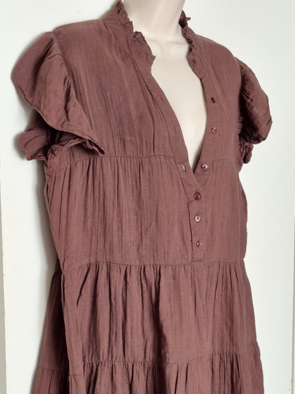 Salty Lemon Ruffled Sleeve 100% Cotton Mini Boho Dress Espresso Brown Size XL